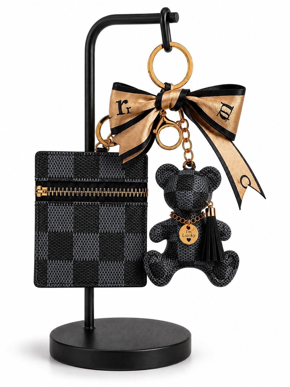 Checkerboard Black Bear Keychain with Gold Bow and Pouch